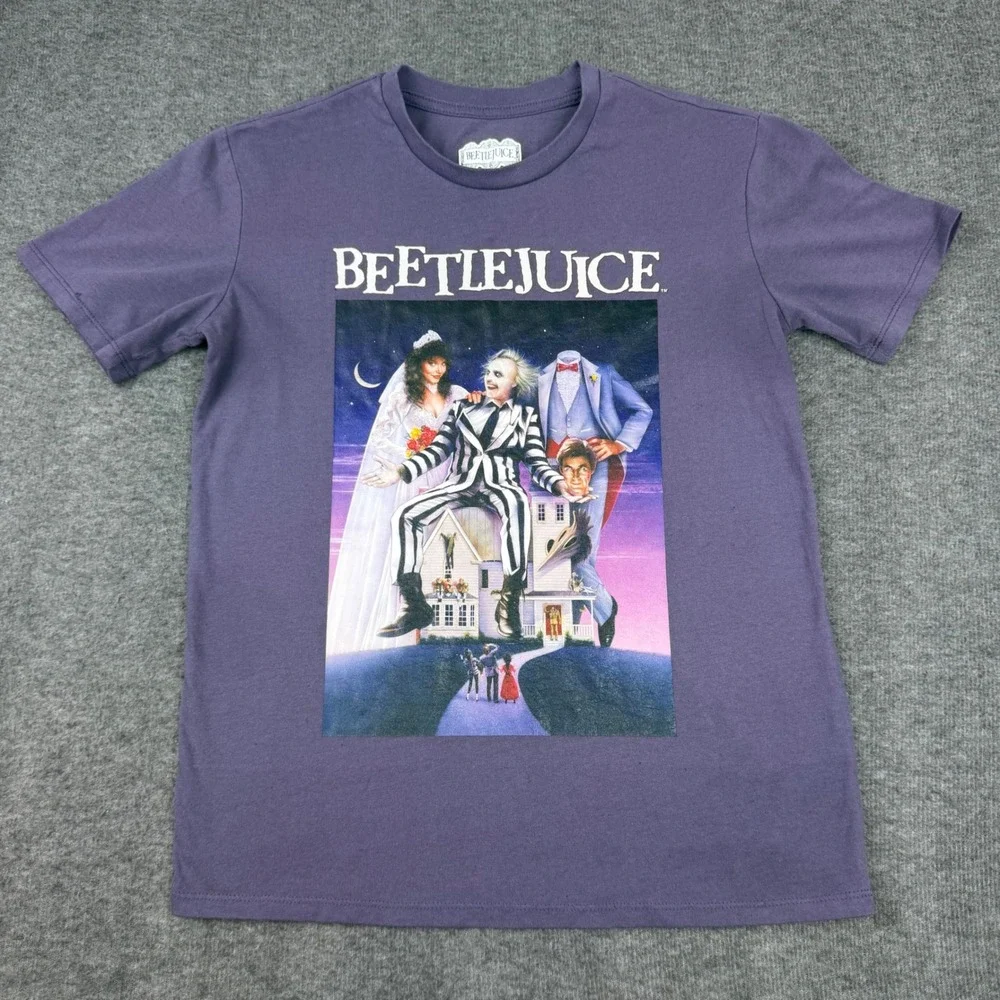 Beetlejuice Graphic T-Shirt Kids Medium‎ Purple Movie Poster Short Sleeve Tee